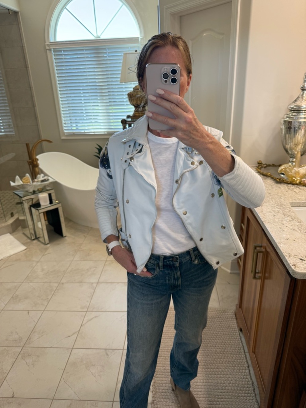 Jakett New York Harley White Floral Genuine Leather Moto Jacket M